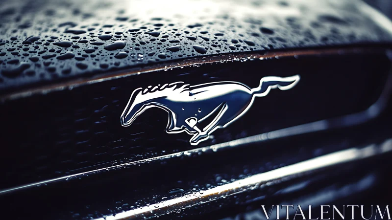 Chrome pony emblem gleams on a rain-soaked performance grille