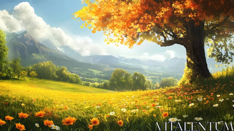 Mountain valley field with tree and flowers under daylight.