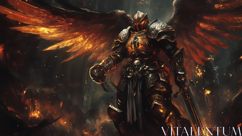 Ember-winged war angel stalking through a burning dusk.