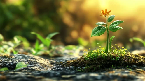 Sunlit sprout hero rising from a mossy stone cradle.