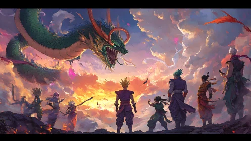 Heroic warriors confront celestial dragon in vibrant sky tableau