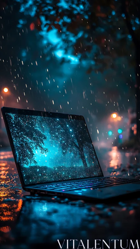 Midnight laptop dreams under rainy neon city skies.