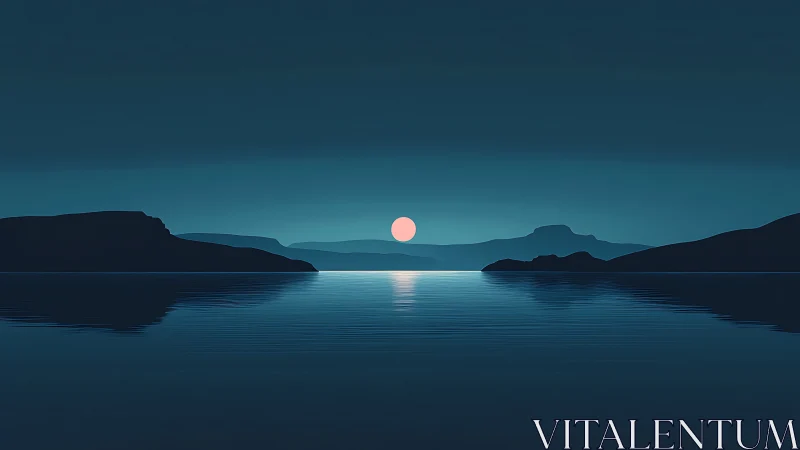 Minimalist teal dusk lake with layered mountain silhouettes