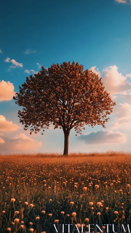 Solitary tree glows in warm sunset over wildflower meadow.