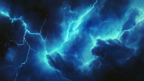 Electrified nebular storm with blue plasma arc channels.