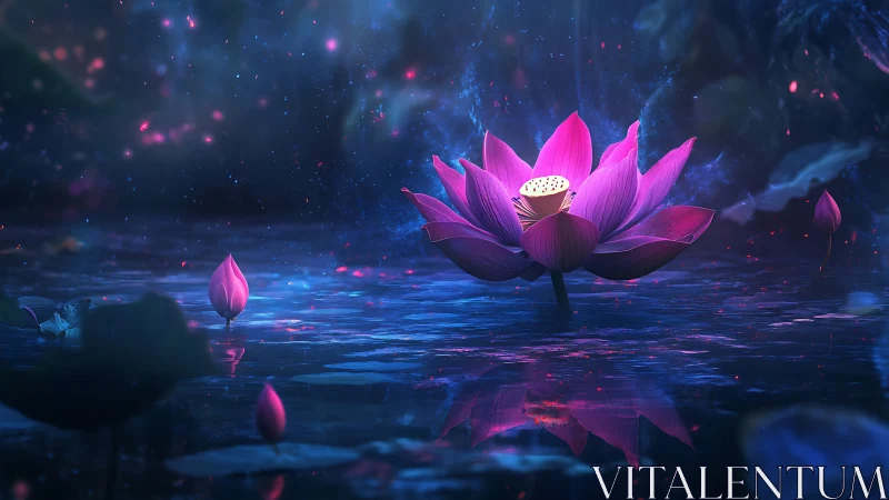 Enchanted violet lotus glowing over midnight water surface.