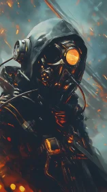 Cyberpunk exosuit operative with incendiary visor lighting.