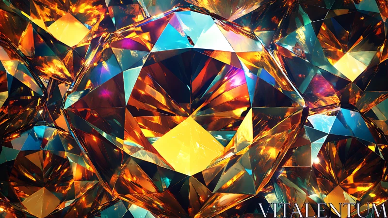 Prismatic gemstone facets refract molten amber and cyan light