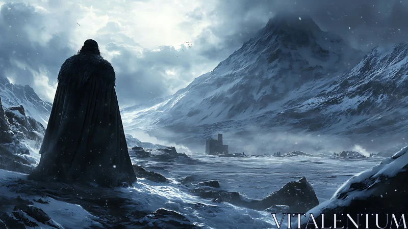 Lone cloaked figure surveying vast frozen mountain valley.