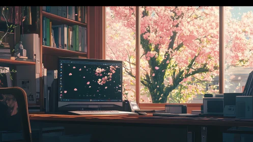 Studio workstation facing sunlit cherry blossom window view