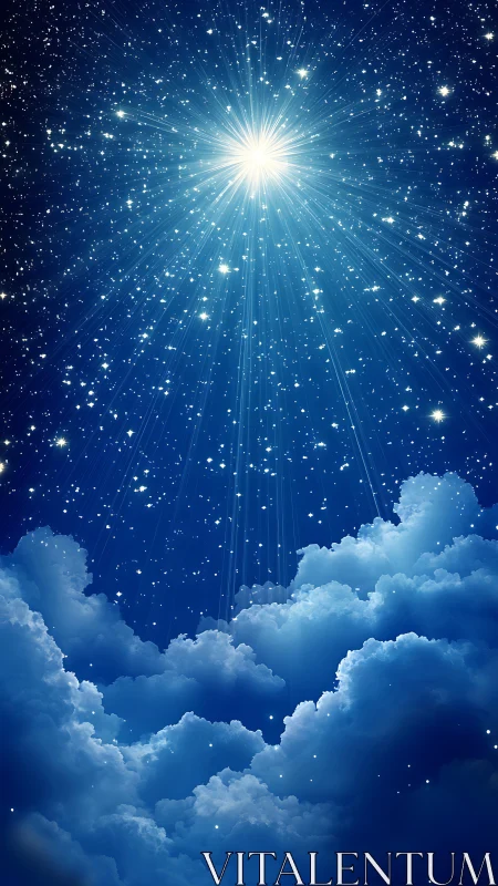 Radiant guiding star illuminates deep midnight clouds.