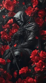 Death curls gently among roses, cradling quiet crimson storms