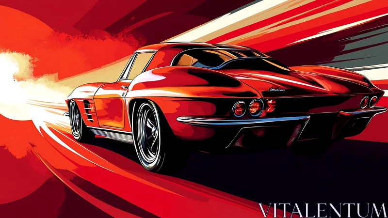 Retro sports car accelerates through stylized red vector streaks