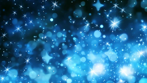 Blue bokeh starfield with luminous sparkles and glowing flares