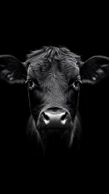 Midnight cow portrait with velvet muzzle spotlighted.