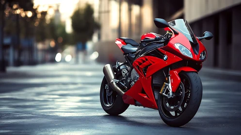 Red sport motorcycle is parked on an empty urban street