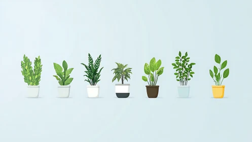 Minimalist potted houseplants line up on soft blue background.