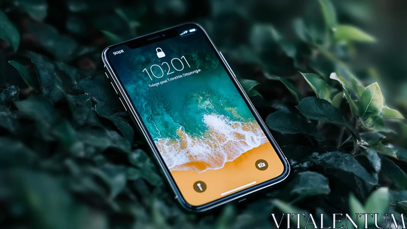 Smartphone displays beach landscape wallpaper with foliage background