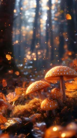 Enchanted orange mushrooms glow softly in a twilight forest
