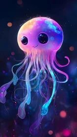 Cute neon jellyfish character in glowing deep sea scene.