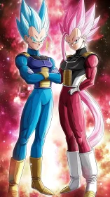 Confident cosmic warriors glowing with bold Super Saiyan power.