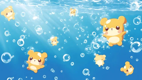Buoyant chibi bear characters drift underwater with stylized bubbles