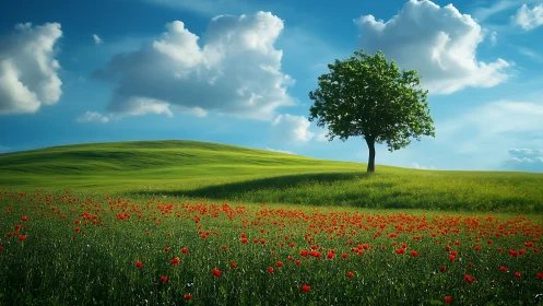 Solitary tree anchors sunlit meadow with red poppy foreground