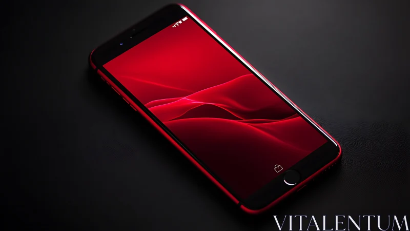 Red smartphone displayed at angle on dark surface with illuminated screen.