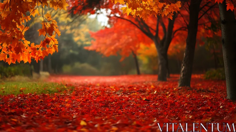 Crimson leaf river winding through a quiet autumn dreamscape.