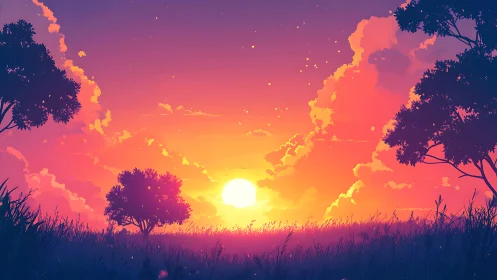 Sunset over grassy field with silhouetted trees and clouds.