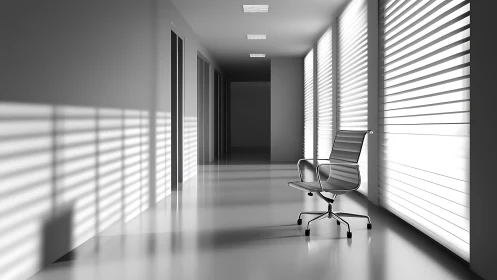 Monochrome corridor with office chair and window blinds.