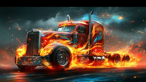 Articulated semi truck rendered with dynamic flame particle effects