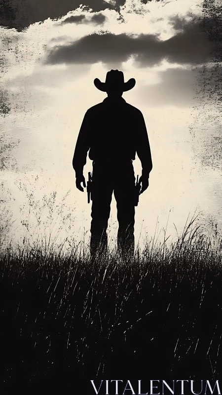 Silhouetted cowboy figure standing in tall grass at dusk.
