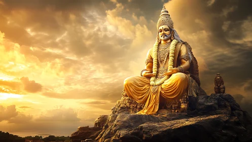 Sun-drenched divine statue meditates above storm-kissed horizon.