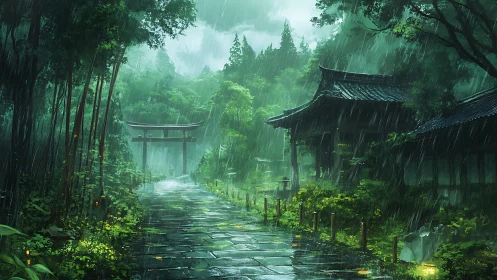Rain-soaked stone path through dense forest to torii gate