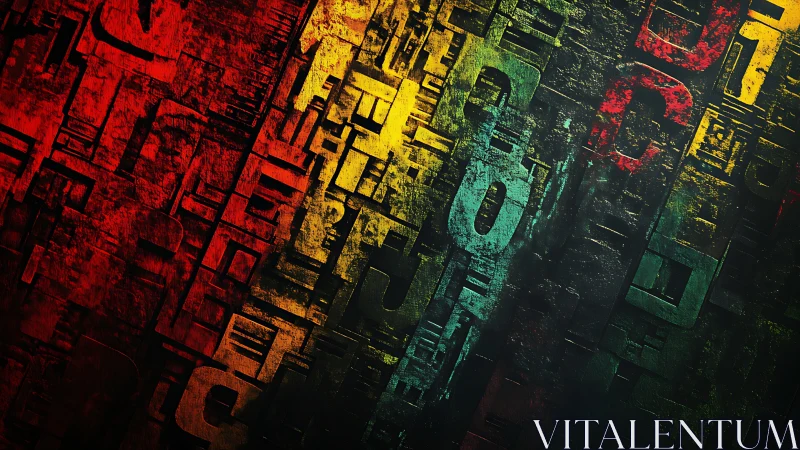 Chromatic relief typography matrix under oblique lighting.