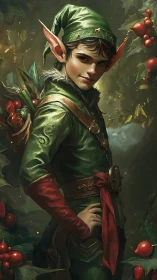 Confident holiday elf surrounded by bright winter berries.