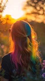 Sunlit rainbow hair glows softly in a golden evening garden