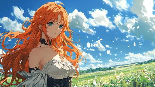 Red haired anime woman stands in a flower field under clouds
