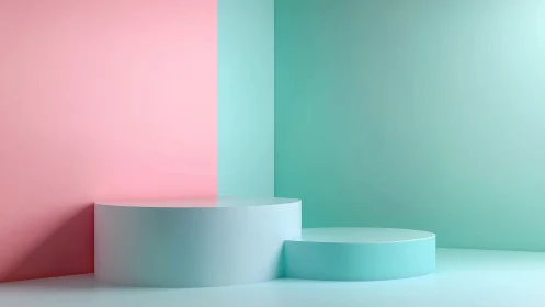 Cylindrical podium stands in pastel pink and teal corner room