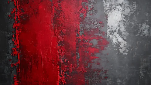 Abstract red and gray textured painting with bold vertical forms.