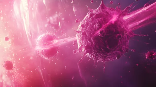 Microscopic View of Virus Particles in Vivid Pink Digital Art.