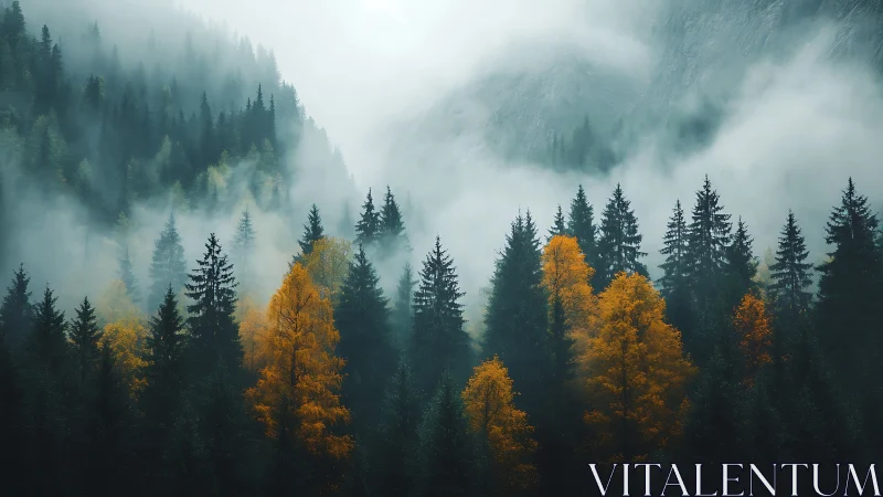 Misty Mountain Forest with Golden Autumn Trees.