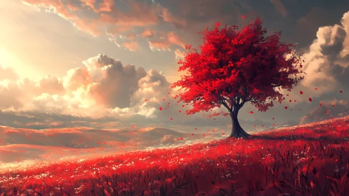 Solitary crimson tree anchors a windswept luminous valley