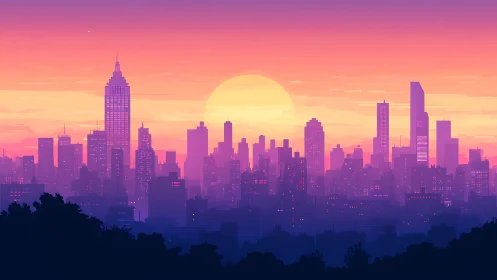 Sunset city skyline with glowing sun and vivid gradients.