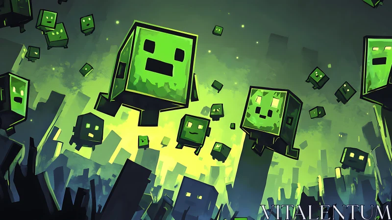 Glowing green cube creatures drift playfully above a pixel city