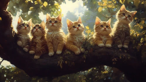 Six Golden Kittens Resting on a Sunlit Tree Branch.