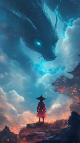 Atmospheric confrontation of robed wanderer and luminous sky-dragon.