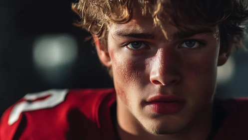 Intense closeup of young football player in red jersey.