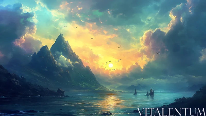 Digital seascape depicts mountainous coastline at sunset